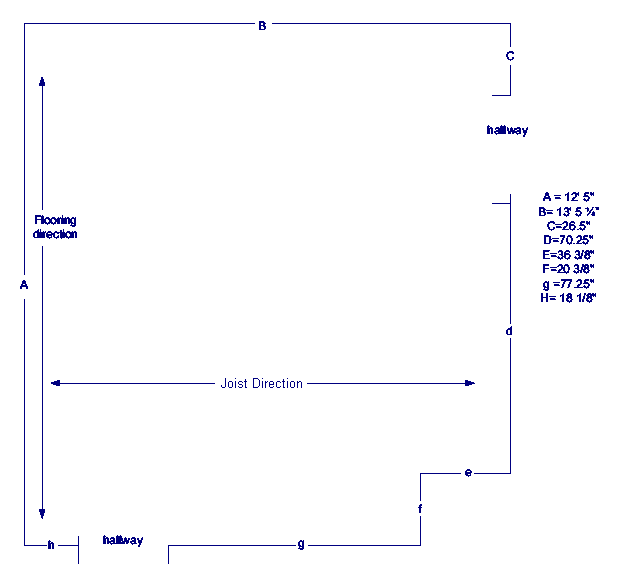 Diagram of floor plan showing joist dirction with measurements.
