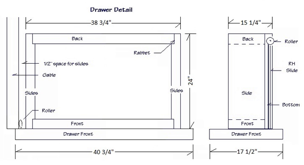 Diagram of drawer detail of the queen size bed with measurements.