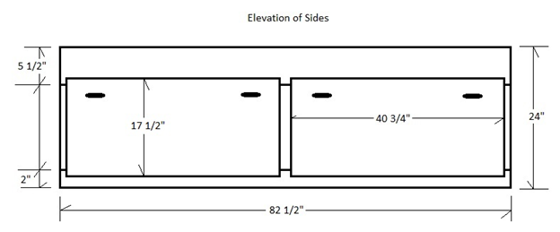 Diagram of front elevation of drawers of the queen size bed with measurements.